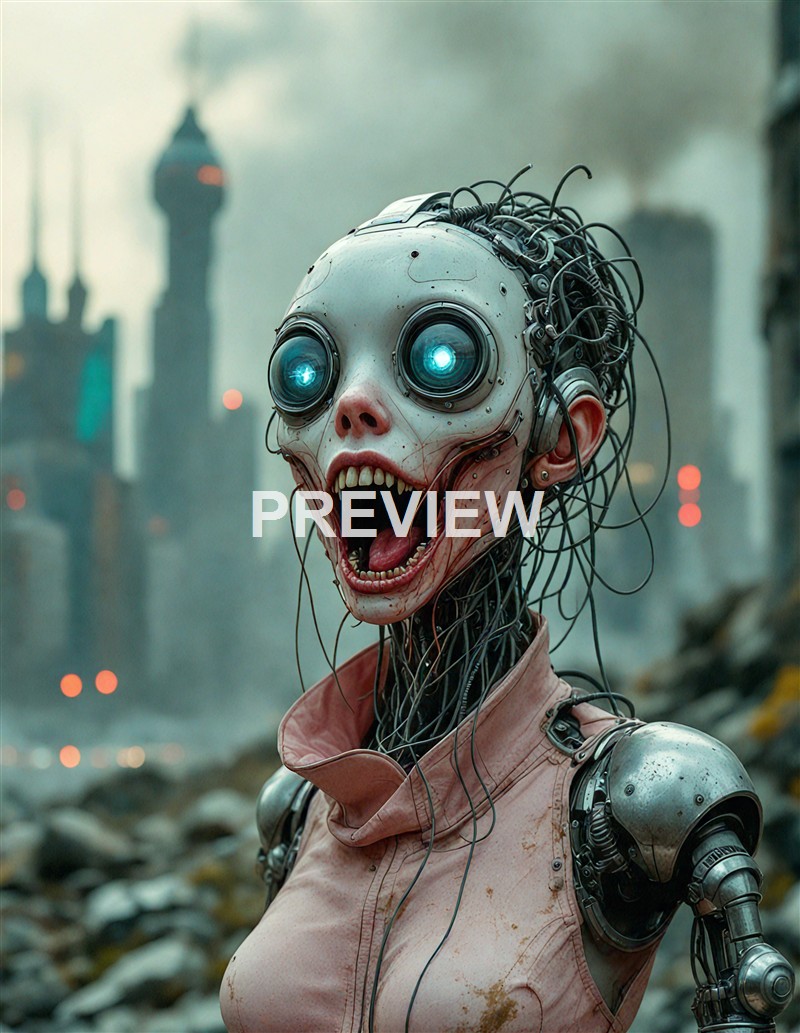 A humanoid robot with a grotesque, open-mouthed face, glowing blue eyes, exposed wiring on its head, and a pink shirt, standing in a desolate, smoky urban landscape with a city skyline in the background.